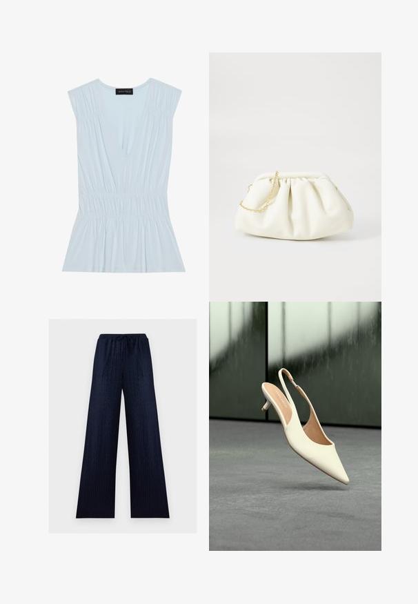Haut bleu clair avec un décolleté en V profond, des épaules plissées et une taille froncée. Fabriqué en tissu doux avec un bas évasé. Logo sur l'étiquette.; Pantalon large bleu marine avec une texture subtile en zigzag, taille élastique et fermeture à cordon.; Chaussure femme beige à bout pointu avec bride arrière et petit talon kitten, flottant au-dessus d'un sol gris sur fond sombre flou.; Sac à main en cuir blanc avec un design plissé, doté d'une bandoulière en chaîne dorée et d'une forme arrondie. Texture lisse avec des plis doux et sans motifs.