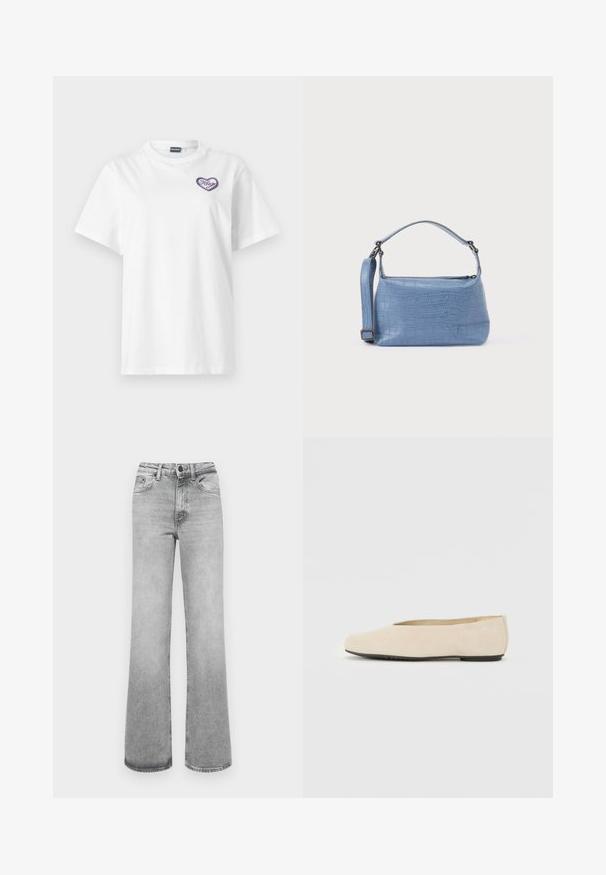 Hvid kortærmet t-shirt med en lille lilla hjerteformet lap på venstre bryst med teksten "Hugo."; Lyst grå faded lige ben jeans med forlommer, bæltestropper, og en knap- og lynlåslukning.; Beige ruskind ballerina med rund tå, flad sål og minimalistisk design. Glat tekstur uden synligt hardware eller udsmykninger.; Lyseblå taske med krokodillepræg, kort håndtag og aftagelig skulderrem. Glat tekstur med lynlås.
