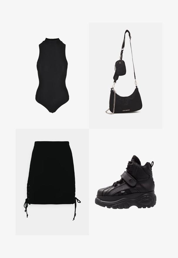 Mouwloze zwarte geribbelde bodysuit met hoge hals en aansluitende silhoutte.; Even&Odd by Zalando Minirok - black; Zwarte hoge sneakers met een dikke rubberen zool, leren bovenwerk, veters en klittenbandsluitingen, en gedetailleerde zijkanten met textuur.; Zwarte nylon schoudertas met een gebogen vorm, zilveren kettingaccent, afneembaar mini-zakje en verstelbare schouderband; voorzien van het "Steve Madden" logo.
