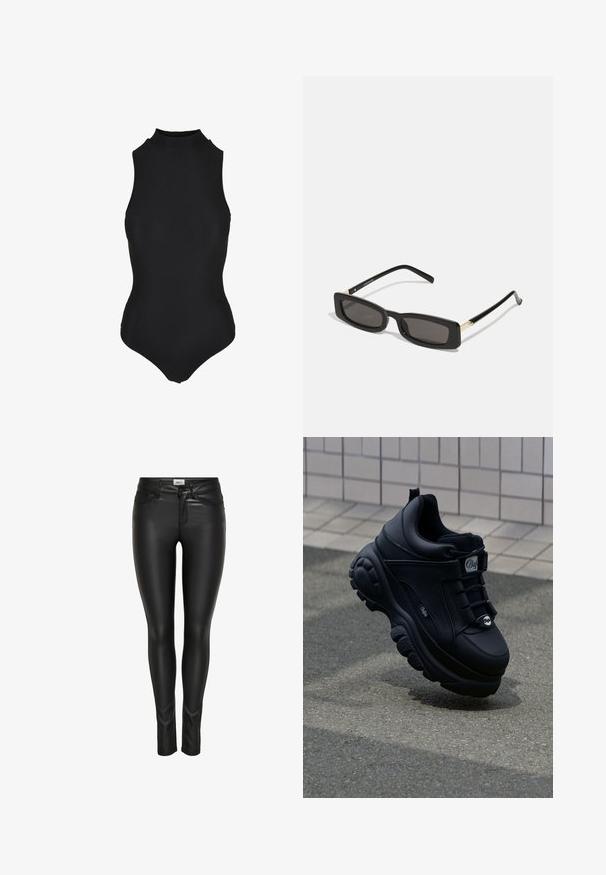 Mouwloze zwarte geribbelde bodysuit met hoge hals en aansluitende silhoutte.; Zwarte slim-fit faux leren broek met voorste knoop, ritsluiting en riemlussen, weergegeven op een witte achtergrond.; Zwarte chunky sneakers met een gladde leren afwerking, vetersluiting aan de voorkant, gevoerde zool en een reliëflogo op de zijkant. Gezichtsopvlakte zichtbaar.; Zwarte rechthoekige zonnebril met donkere lenzen, glanzende plastic monturen en gouden accenten op de slapen. Minimalistisch ontwerp en elegante vorm.