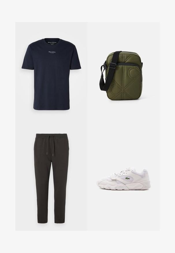 Mørkeblå bomulds t-shirt med korte ærmer, rund halsudskæring, med lille hvidt logo-tekst på den øverste bryst. Glat tekstur, almindelig pasform.; Mørkegrå sweatpants lavet af blødt stof, med en elastisk talje med snøre, tætsiddende ben og elastiske manchetter ved anklerne.; Hvid atletiksko med snørebånd og velcrorem, med en grøn krokodillelogo på siden og en tyk, tekstureret sål.; Olivengrøn crossbody taske med quiltet mønster, sort rem, rektangulær form og lynlås. Tekstureret stof med diskret logo-detail.