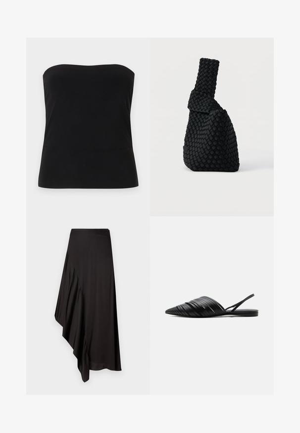 Mustast hõlmikuta kehast kleit sirge kaelusega ja siledast kangast valgel taustal.; AERON ASTER SKIRT - Pliiatsseelik - black; Mustad teravad laagkontsaga sandaalid, millel on mitu kitsast rihma üle jala ja peen rihm kanna taga.; Mustast kootud käekott ebatavalise kujundusega, millel on tekstureeritud pind ja kõrge, kitsas sang. Ei ole nähtavaid riistvaraosi ega dekoratsioone.