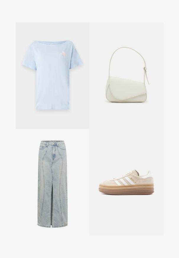Lysblå bomulds t-shirt med løs pasform, rund halsudskæring og korte ærmer. Har et lille grafisk design på brystet.; Lyseblå denimskørt med en lige silhuet, der har en frontslids, bælteløkker og detaljeret syninger langs sømmene.; Beige ruskindsneaker med hvide læderdetaljer, der har tre hvide striber, et gyldent logo og en tyk, gennemsigtig gummisål.; Hvid taske i faux læder med en struktureret trekantet form, enkelt justerbart skulderstrop og en flaplås med kurver.
