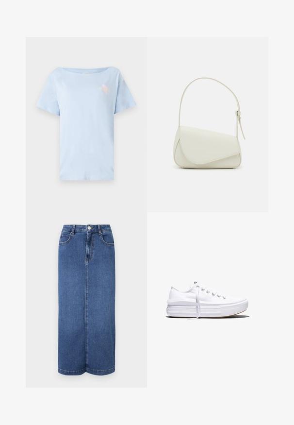 Camiseta de algodón azul claro con un corte relajado, escote redondo y mangas cortas. Presenta un pequeño diseño gráfico en el pecho.; Falda larga de mezclilla en azul oscuro, con corte recto, cinturilla con cierre de botón y detalles de costura mínimos.; Zapatilla blanca de lona de perfil bajo con suela gruesa de plataforma, cierre de cordones en el frente y puntera de goma texturizada, mostrada de perfil.; Bolso de mano de imitación cuero blanco con una forma triangular estructurada, correa ajustable única y cierre con solapa acentuada en curva.