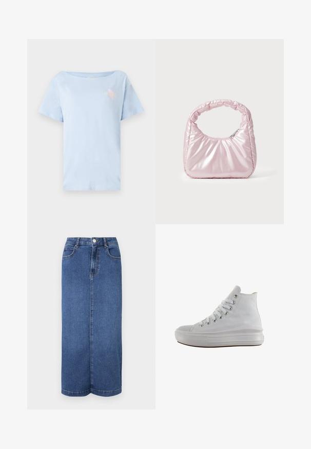 Lysblå bomulds t-shirt med løs pasform, rund halsudskæring og korte ærmer. Har et lille grafisk design på brystet.; Mørkeblå denim maxiskørt med lige snit, talje med knaplukning og minimale syninger.; Hvid højt canvas sneaksko med hvide snørebånd, metaløjer, tyk gummisål og tekstureret tåhætte, vendt mod venstre på en hvid baggrund.; Rosa, polstret håndtaske med afrundet design, lavet af skinnende materiale. Har et samlet håndtag og en lynlås til sikker adgang.