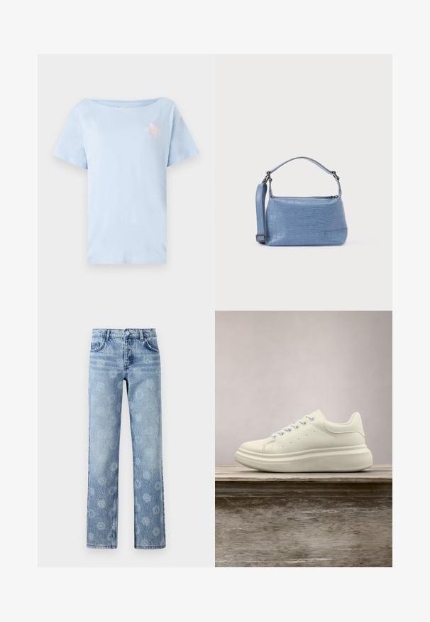 Lysblå bomulds t-shirt med løs pasform, rund halsudskæring og korte ærmer. Har et lille grafisk design på brystet.; Lysblå denim jeans med en let falmet finish, prydet med et blomsterdesign, fem lommer og lige ben.; Hvid lædersneakers med rund tå, glat tekstur og kontrasterende snørebånd. Har ventilationshuller og en tyk gummisål for komfort.; Lyseblå taske med krokodillepræg, kort håndtag og aftagelig skulderrem. Glat tekstur med lynlås.
