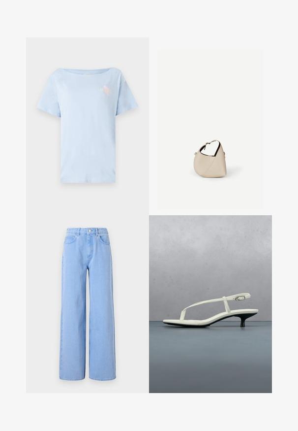 Lichtblauw katoenen t-shirt met een ontspannen pasvorm, ronde halslijn en korte mouwen. Heeft een klein grafisch ontwerp op de borst.; Lichtblauwe wijde denim jeans. Heeft een aangesloten taille met riemlussen en voorzakken, stiksel details en een schone zoom.; Witte sandaal met smalle bandjes en kitten heel, met een spitse neus, zwevend boven een houten tegelvloer buiten, met op de achtergrond een wazige plant en muur.; Beige leren handtas in halvemaanvorm met een enkele schouderband en minimale stiksels, afgebeeld tegen een effen witte achtergrond.