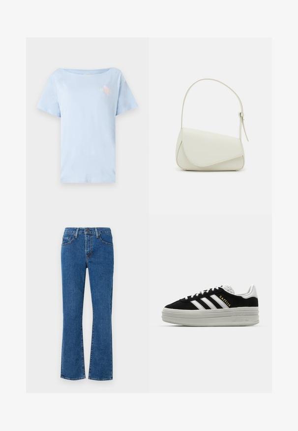 Camiseta de algodón azul claro con un corte relajado, escote redondo y mangas cortas. Presenta un pequeño diseño gráfico en el pecho.; Jeans de mezclilla azul claro con corte recto, diseño de cinco bolsillos y detalles de costura. La tela tiene textura con un ligero desvanecimiento.; Zapatillas negras de ante con detalles en cuero blanco, tres rayas blancas, cordones planos y una gruesa suela de plataforma gris. Marca "Gazelle" en dorado.; Bolso de mano de imitación cuero blanco con una forma triangular estructurada, correa ajustable única y cierre con solapa acentuada en curva.