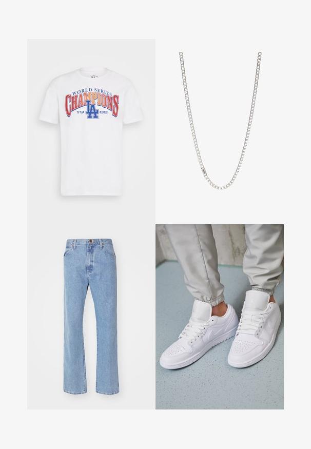 '47 LOS ANGELES DODGERS BACKER ECHO TEE - T-Shirt print - white wash; Hellblaue Jeans mit geradem Bein, Frontknopf- und Reißverschluss, Gürtelschlaufen und normalen Vordertaschen.; Weiße Ledersneaker mit perforierter Zehenbox, flachen Schnürsenkeln, gepolstertem Kragen und dem Jordan-Logo auf der Zunge. Getragen mit grauen Jogginghosen.; Silberne Kettenhalskette mit ineinandergreifenden Gliedern, glatter Textur und einheitlicher rechteckiger Form. Sicherer Verschluss.