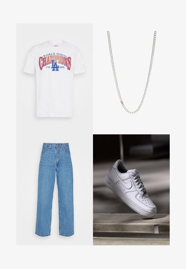 '47 LOS ANGELES DODGERS BACKER ECHO TEE - T-shirt print - white wash; Lichtblauwe denim jeans met een hoge taille en een wijde pijp. Kenmerken zijn vijf zakken, metalen knoopsluiting en een rechte zoom.; Witte Nike Air Force 1 sneaker van leer met geperforeerde neus, platte veters en een gestructureerde rubberen zool met "AIR"-logo aan de zijkant.; Zilveren ketting met in elkaar grijpende schakels, een gladde textuur en een uniforme rechthoekige vorm. Veilige sluiting.