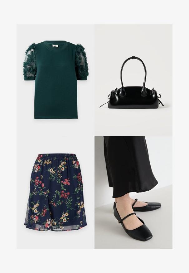 Top court à manches courtes vert foncé avec col rond et manches semi-transparentes ornées d'appliqués floraux 3D.; Jupe florale avec une taille élastique, présentant un fond marine orné de motifs floraux rouges, jaunes et verts. Tissu léger.; Chaussures plates noires avec un design à bout carré, fabriquées en cuir lisse, dotées d'une seule sangle sur le pied, avec un petit accent décoratif.; Petit sac à main noir brillant avec deux longues anses et des détails à cordon sur les côtés sur un fond clair uni.