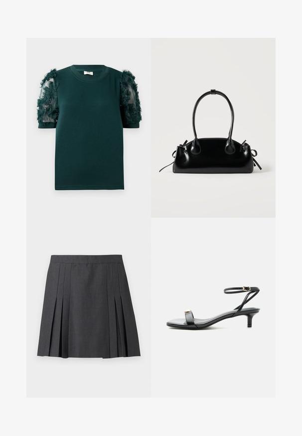 Mørkegrøn kortærmet top med rund hals og semitransparente ærmer prydet med 3D blomsterapplikationer.; ONLY ONLMARION PLEAT SKIRT - Mini skirts - dark grey melange; Sort læder sandal med åben tå, lav lillehæl, tynd ankelrem med guldlås og dekorativt gyldent accent på frontremmen.; Lille sort blank håndtaske med to lange håndtag og snøre-detaljer i siden på en ensfarvet lys baggrund.