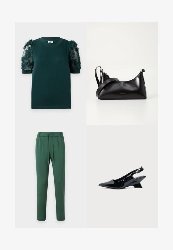 Top court à manches courtes vert foncé avec col rond et manches semi-transparentes ornées d'appliqués floraux 3D.; Pantalons de survêtement verts en tissu doux, avec une taille élastique et un cordon de serrage, des jambes fuselées et des détails de plis sur les côtés.; Chaussure slingback en cuir verni noir avec bout pointu et petit talon bloc incliné sur fond clair uni.; Sac à main en cuir noir avec une texture lisse. Dispose d'une bandoulière adjustable et d'un design élégant et minimaliste avec une fermeture éclair.