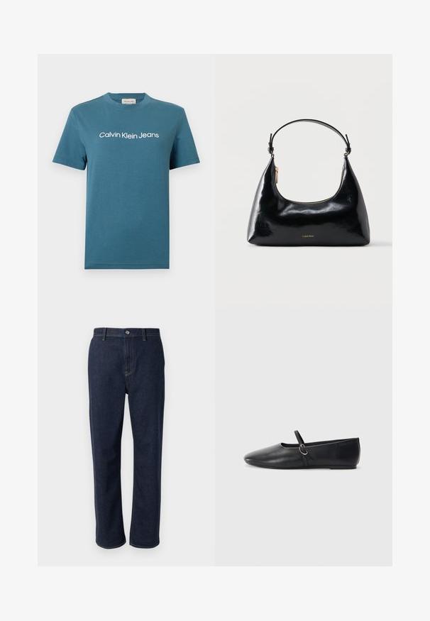 Türkisfarbenes Baumwoll-T-Shirt mit kurzen Ärmeln und rundem Halsausschnitt. Weißer Schriftzug „Calvin Klein Jeans“ quer über der Brust. Glatte Textur.; Dunkelblaue Denim-Jeans mit geradem Bein, versehen mit einem Reißverschluss, Fronttaschen und sichtbaren Nähten in einer kontrastierenden Farbe.; Schwarze Leder-Ballettschuhe mit spitzem Schuhzeug, flacher Sohle und einem kleinen Riemen mit silberner Schnalle.; Schwarze, glänzende Calvin Klein Handtasche mit goldfarbenem Reißverschluss und kurzem Trageriemen vor schlichtem weißem Hintergrund.