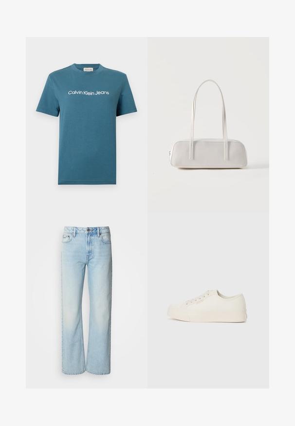 Turkis bomulds-T-shirt med korte ærmer og rund halsudskæring. Har hvid "Calvin Klein Jeans"-tekst på tværs af brystet. Glat tekstur.; Lyseblå brede jeans lavet af denim med et klassisk fem-lomme design og en subtil falmet tekstur. Denim-syninger er synlige.; Sneakers lavet af off-white canvas, med et low-top design, rund tå og flad gummisål med diskrete syninger.; Hvid rektangulær skuldertaske med lange tynde stropper, minimal syning og lynlåslukning på en ensfarvet baggrund.