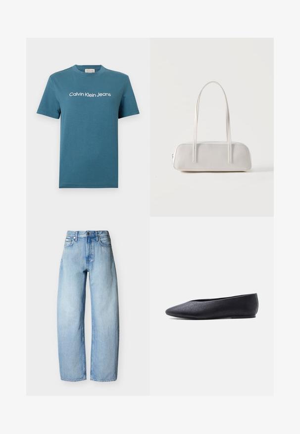 Τυρκουάζ βαμβακερό T-shirt με κοντά μανίκια και στρογγυλή λαιμόκοψη. Διαθέτει λευκό κείμενο «Calvin Klein Jeans» στο στήθος. Ομαλή υφή.; Φωτεινό γαλάζιο τζιν με ίσια γραμμή, πέντε τσέπες, θηλιές για ζώνη και κλείσιμο με κουμπί στο μπροστινό μέρος.; Μαύρο μπαλαρίνι με επίπεδη σόλα, μυτερή μύτη και διακριτικό διάτρητο σχέδιο, εμφανιζόμενο από το πλάι σε απλό λευκό φόντο.; Λευκή ορθογώνια τσάντα ώμου με μακριά λεπτές τιράντες, ελάχιστη ραφή και κλείσιμο με φερμουάρ σε απλό φόντο.