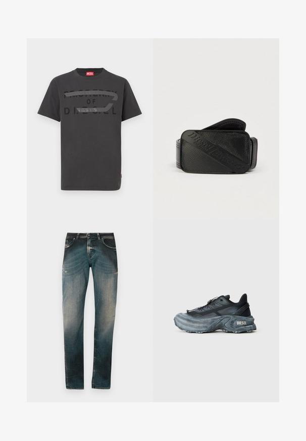 T-shirt en coton gris avec un texte noir audacieux indiquant "PROPERTY OF D.I.E.S.E.L.", à la texture lisse et manches courtes.; Jeans en denim slim-fit bleu délavé avec un léger effet usé et des détails de moustaches, présentant des poches avant et arrière ainsi que des passants de ceinture.; Baskets Diesel noires et grises avec semelle épaisse, système de laçage à bascule et design texturé sur fond gris clair uni.; Ceinture noire présentant un design texturé avec un logo en relief bien visible. Le matériau semble lisse avec une finition en cuir.