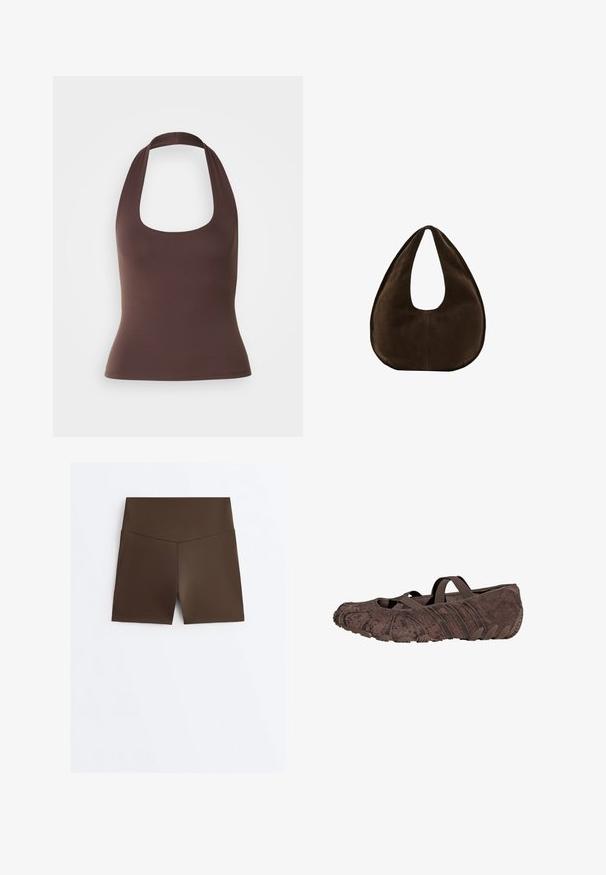 Brun, ærmeløs halterneck top med en dyb rund halsudskæring. Lavet af glat, strækbart stof, har den en tætsiddende silhuet og ingen synlige lukninger.; Brune, højtaljede, tætsiddende atletikshorts med en V-formet sømdetalje ved linningen, vist på en hvid baggrund.; Brun ruskind slip-on sko med elastiske krydsremme og tekstureret gummisål, designet til let komfort og fleksibel pasform.; Mørkebrun ruskind skuldertaske formet som en halvmåne med en bred rem og glat tekstur på en hvid baggrund.