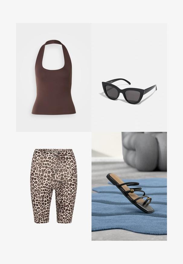 Haut halter sans manches marron avec encolure dégagée. Fabriqué en tissu lisse et extensible, il présente une silhouette ajustée et aucune fermeture visible.; Shorts de vélo en imprimé léopard avec une palette de couleurs noir et beige, taille élastique et texture lisse. Longueur mi-thigh avec un design ajusté.; Sandale plate noire avec fines lanières et accents dorés reposant sur une surface bleue texturée avec une sculpture grise floue en arrière-plan.; Lunettes de soleil noires en forme d'œil de chat avec une finition mate, dotées de verres teintés gris, d'angles aigus et de branches élégantes. Nom de la marque visible sur la branche intérieure.
