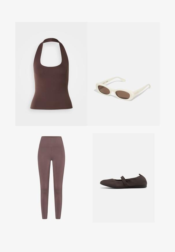 Haut halter sans manches marron avec encolure dégagée. Fabriqué en tissu lisse et extensible, il présente une silhouette ajustée et aucune fermeture visible.; Leggings taille haute dans une couleur mauve douce, fabriquées à partir d'un tissu lisse et extensible. Présentent un design sans couture sans matériel visible.; Ballerine marron avec bride élastique et bout arrondi, présentée sur fond blanc, vue de côté.; Lunettes de soleil crème avec des verres en forme ovale, teintés de brun, dotées d'une finition brillante et d'un discret logo "Vogue" sur le côté.