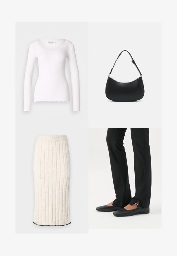 Top blanco de manga larga con ribetes y un escote de encaje con forma de ondas, hecho de un tejido suave y elástico. Diseño ajustado con mangas delgadas.; Falda midi de punto en color blanco roto, con acanalado vertical, cintura ajustada y dobladillo ondulado negro. Textura suave con caída ligera.; Piernas con pantalones ajustados negros con aberturas frontales en el dobladillo, combinados con zapatos planos Mary Jane negros con una pequeña correa con hebilla.; Pieces PCALUANA SHOULDER BAG - Bolso de mano - black