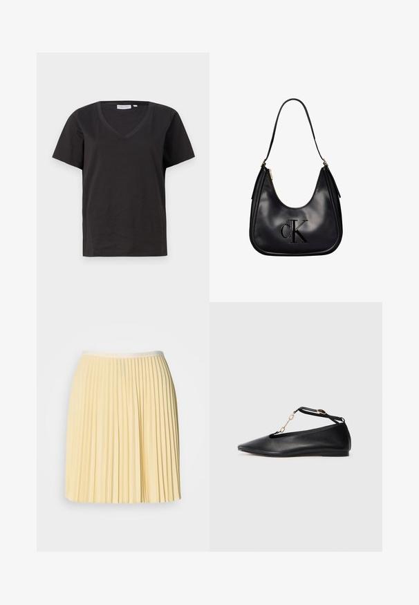 Sort bomulds T-shirt med V-hals og korte ærmer. Enkel design med regular fit og ingen mønstre eller accenter.; Lys gul, plisseret nederdel med en talje der har Lacoste-logoet. Fremstillet af letvægtsmateriale, har den et flydende design og en glat tekstur.; Sorte læder balletflade sko med spids tå, udsnit design, ankelrem og guldkæde accent. Glat tekstur, minimal hæl.; Sort skuldertaske i læder med gulddetaljer, med et fremhævet "cK"-logo foran og en enkelt rem til at bære den.