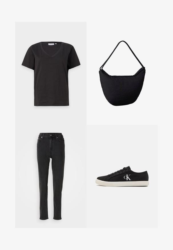 Sort bomulds T-shirt med V-hals og korte ærmer. Enkel design med regular fit og ingen mønstre eller accenter.; Sorte højttaljede denimjeans med smal pasform, der har knaplukning, bæltestropper og kontrastsyninger. Glat tekstur uden synlige mønstre.; Sorte kanvas sneakers med en hvid gummisål, rund tå og "CK"-logo på siden. Snørebåndsdesign for sikker pasform.; Sort skuldertaske i stof med en buet bund og tynd dobbelt strop, designet til afslappet eller daglig brug.