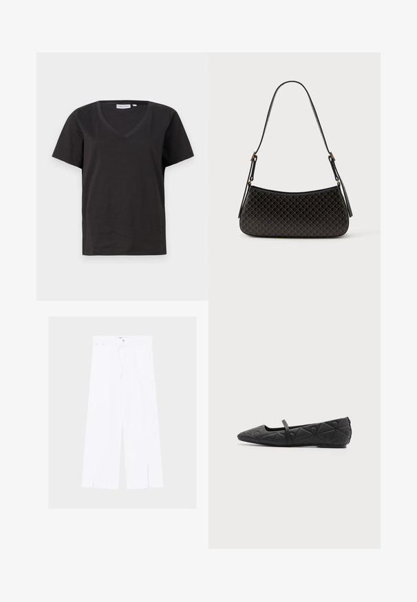Μαύρο βαμβακερό T-shirt με V λαιμόκοψη και κοντά μανίκια. Απλός σχεδιασμός με κανονική εφαρμογή και χωρίς μοτίβα ή διακοσμητικά.; Άσπρο παντελόνι με φαρδιά μπατζάκια, ανοίγματα μπροστά στο τελείωμα, κούμπωμα με κουμπί και φερμουάρ και στενή μέση με θηλιές για ζώνη.; Μαύρο μυτερό επίπεδο παπούτσι με γεωμετρικά σχέδια και λεπτό λουράκι στο επάνω μέρος σε απλό φόντο.; Μαύρη τσάντα χειρός με γεωμετρικό μοτίβο, καμπύλη μορφή, λεία υφή και μακρύ ρυθμιζόμενο λουρί; διαθέτει αξεσουάρ σε χρυσή απόχρωση.