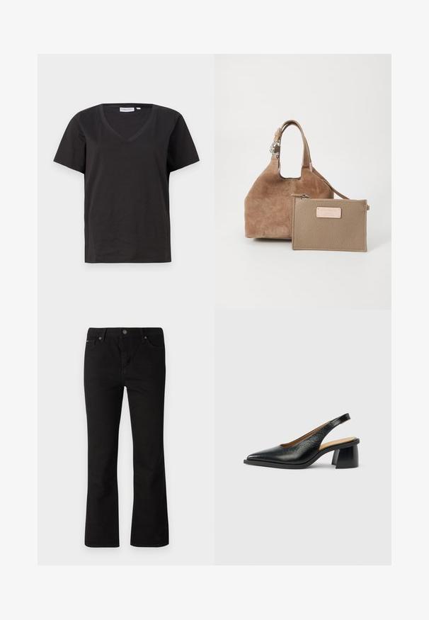 Sort bomulds T-shirt med V-hals og korte ærmer. Enkel design med regular fit og ingen mønstre eller accenter.; Sorte straight-leg jeans med knap- og lynlåslukning, bæltestropper samt for- og baglommer på en hvid baggrund.; Sort læder slingback-sko med spids tå og en chunky, geometrisk hæl. Overfladen ser glat og poleret ud.; Rundbrun suede håndtaske med en kort hank. Har en aftagelig lys læderpung med lynlås og logo-detalje.