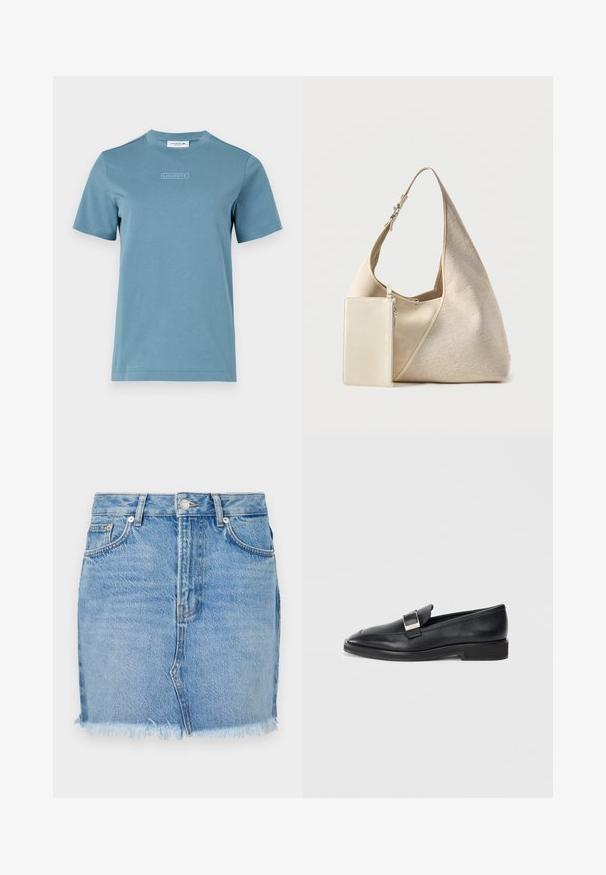 T-shirt med rund hals i lyseblå bomuld, med et struktureret "LACOSTE" logo på fronten. Korte ærmer og en standard pasform.; Blå denimnederdel med en tætsiddende pasform, rå kant og klassiske forlommer. Glat tekstur med lidt falming for et afslappet look.; Sorte læder loafers med en sølv rektangulær spænde på toppen og en lav hæl på en hvid baggrund.; Beige stof hobo taske med justerbar rem og vedhæftet lille rektangulær lynlåslomme i matchende farve.