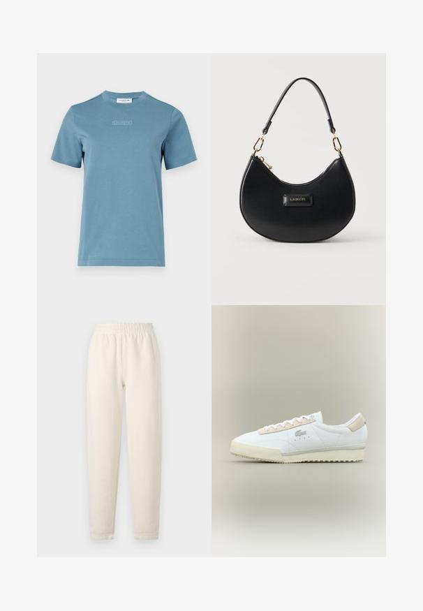 T-shirt med rund hals i lyseblå bomuld, med et struktureret "LACOSTE" logo på fronten. Korte ærmer og en standard pasform.; Cremefarvede sweatpants lavet af blødt stof. Har en elastisk talje og tapered ben design med subtile stikningsdetaljer.; Hvide lædersneakers med en beige ruskindsdetalje. Har en rund tå, flade snørebånd og en tekstureret sål. Lacoste-logo på siden.; Sort halvmåneformet håndtaske med guldfarvet hardware, lynlåslukning på toppen, kort rem og „LACOSTE“ logo-plakette centreret på fronten.