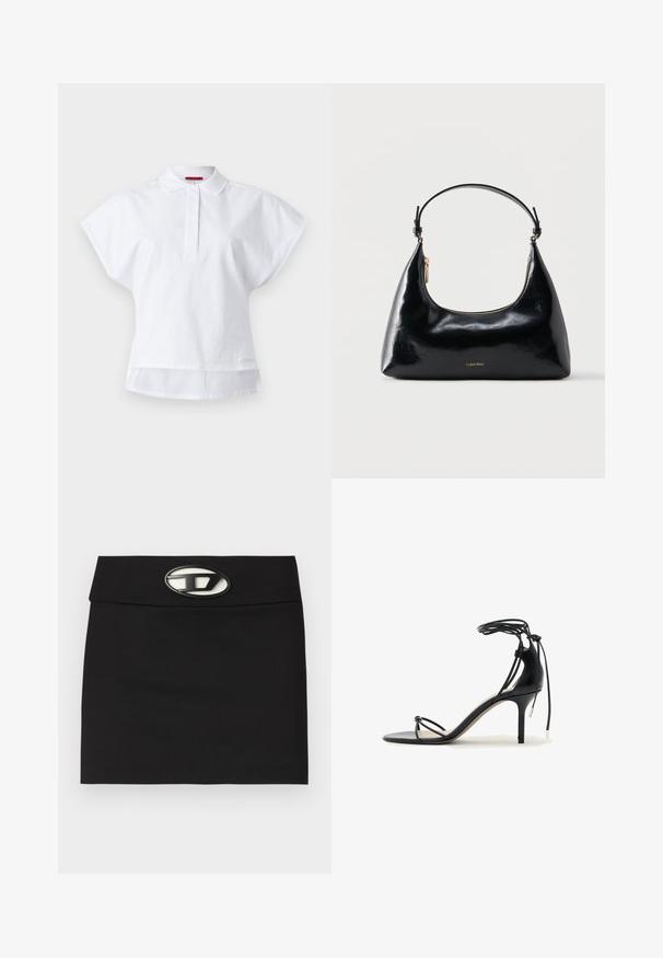 Polo blanc à manches courtes avec col et patte de boutonnage cachée, présentant un ourlet arrière légèrement plus long et un logo discret sur le devant.; Mini-jupe noire avec une taille plate. Dotée d'une boucle logo métallique proéminente à l'avant. Fabriquée en tissu lisse sans motifs visibles.; Sandale noire à talon haut avec fines brides, lien autour de la cheville et talon aiguille de hauteur moyenne sur fond blanc.; Sac à main Calvin Klein noir brillant avec fermeture éclair dorée et anse courte sur fond blanc uni.