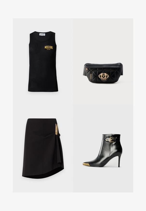 Sort ærmeløs tanktop med ribbet kant og en gul "Moschino Jeans" logo patch på venstre bryst.; Sort slynge nederdel med en diagonal søm, glat tekstur og et gyldent dekorativt spænde på siden. Enkelt og tætsiddende design.; Sort ankelstøvle lavet af skinnende læder med spids tå, stilet hæl og guldfarvet hardware med en dekorativ spænde-detalje.; Sort quiltet læderbæltetaske med guld Love Moschino-logo og lynlåslomme foran på hvid baggrund.