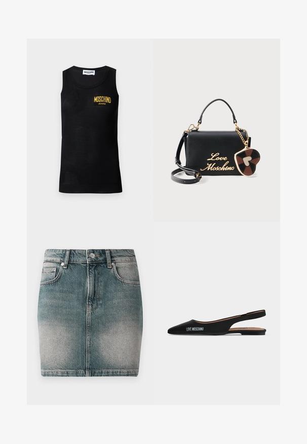 Čierny tielkový top bez rukávov s rebrovanými okrajmi a žltým nášivkou s logom "Moschino Jeans" na ľavej strane hrudníka.; Modrá džínsová minisukňa s predným gombíkom a zipsom, dvoma prednými vreckami a vyblednutým detailom na stehnách.; Čierna špicatá slingback balerína s nízkym podpätkom a logom "LOVE MOSCHINO" na boku na jednoduchom svetlom pozadí.; Čierna kabelka Moschino s logom v zlatej kurzíve, horným držadlom, odnímateľným ramenným popruhom a pripevneným príveskom v tvare srdca v hnedej a čiernej farbe.