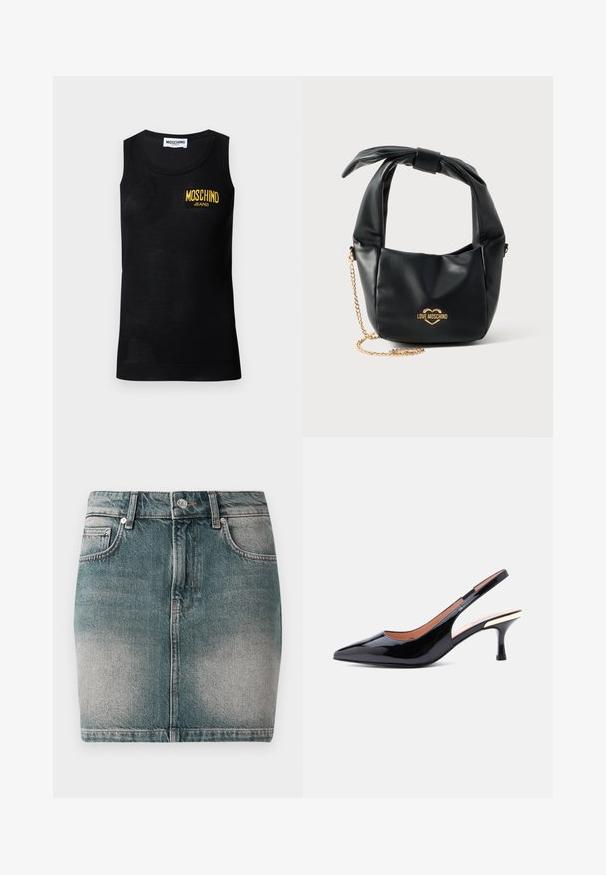 Camiseta sin mangas negra con bordes acanalados y un parche con el logo amarillo "Moschino Jeans" en el pecho izquierdo.; Falda mini de mezclilla azul con botón y cremallera en el frente, dos bolsillos frontales y detalles desgastados en los muslos.; Zapato de salón con tira trasera en piel de charol negro, punta puntiaguda y tacón medio con un detalle metálico cerca del tacón.; Bolso Love Moschino de piel negra suave con asa anudada y correa de cadena dorada sobre fondo blanco.