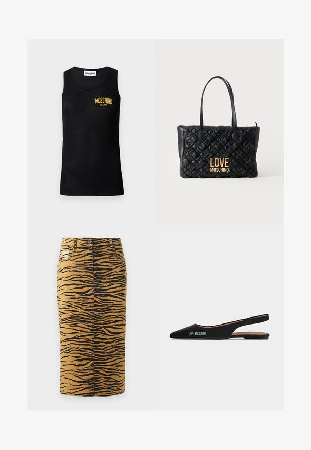 Čierny tielkový top bez rukávov s rebrovanými okrajmi a žltým nášivkou s logom "Moschino Jeans" na ľavej strane hrudníka.; Sukňa s tigrovaným vzorom na zlatom pozadí s čiernymi vzormi. Vyrobená z denimu, má rovný strih a obsahuje vrecká.; Čierna špicatá slingback balerína s nízkym podpätkom a logom "LOVE MOSCHINO" na boku na jednoduchom svetlom pozadí.; Čierna prešívaná kabelka s dvomi rúčkami a zlatým logom "LOVE MOSCHINO" na prednej strane, na jednoduchom svetlom pozadí.