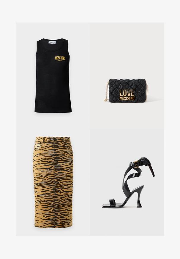 Sort ærmeløs tanktop med ribbet kant og en gul "Moschino Jeans" logo patch på venstre bryst.; Tigerstribet nederdel med en gylden baggrund og sorte mønstre. Lavet af denim, har den en lige pasform og inkluderer lommer.; Sorte patentlæder højhælede sandal med firkantet tå, ankelrem og guldlås på hvid baggrund.; Sort quiltet crossbody taske med guldkæde-rem og stort guld "LOVE MOSCHINO" logo foran.