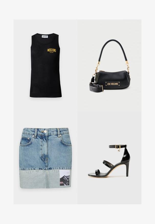 Sort ærmeløs tanktop med ribbet kant og en gul "Moschino Jeans" logo patch på venstre bryst.; Denim mini skirt med en gradient blå farveskala, fem-lomme design, sølv hardware og et trykt mærke med et bjerggrafik.; Sorte patenterede lædersandaler med tre stropper, ankelspænde og 10 cm stiletthæl. Har detaljer i guld og et logo charms.; Sort Moschino håndtaske med gulddetaljer, aftagelig skulderrem med logo og buet håndtag på en ensfarvet lys baggrund.