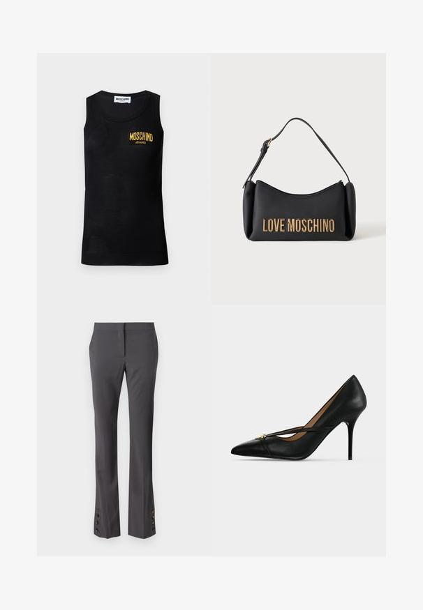 Must mustriga varrukateta tank top ribadega äärestikus ja vasakul rinnal kollane "Moschino Jeans" logo patch.; Hallist kohandatud püksid otse lõikega, nupuga kaunistused helmel ja siledapinnaga. Omavad siledat esipinda ja küljetaskuid.; Mustast nahast kõrgete kontsadega king terava varbaosaga ja peal hõredalt rihmaga, mis on kinnitatud väikese kuldse pandlaga ühevärvilisel taustal.; Must Moschino käekott kuldsete tähtedega ja lühikese õlapaelaga valgel taustal.