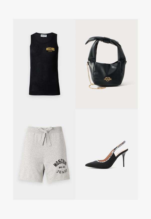 Must mustriga varrukateta tank top ribadega äärestikus ja vasakul rinnal kollane "Moschino Jeans" logo patch.; Hallide hallid puuvillased lühikesed püksid, millel on nööriga vöökoht, vasakul jalal must trükitud logo. Casual disain, põlvepikkused, pehme tekstuur.; Love Moschino LOGO TAPE - Kõrge kontsaga kingad - black; Mustast pehmest nahast Love Moschino käekott sõlmitud sangaga ja kuldse kettidega rihmaga valgel taustal.