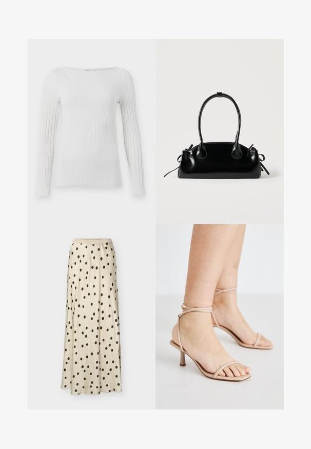 Hvid, ribbet langærmet top med bred rund halsudskæring og tætsiddende silhuet.; Beige lang nederdel med sorte polkaprikker, glat stof, høj talje og let udsving mod kanten.; Nude strop sandals med en tynd ankelrem, et firkantet tådesign og en lille blokhælt. Glat tekstur med minimal detaljering.; Lille sort blank håndtaske med to lange håndtag og snøre-detaljer i siden på en ensfarvet lys baggrund.