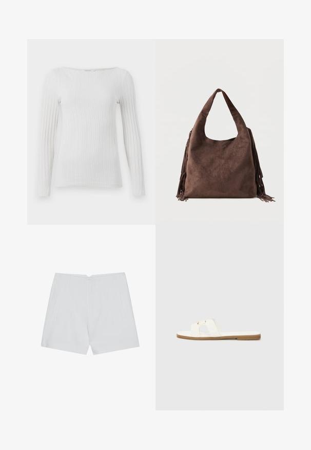 Hvid, ribbet langærmet top med bred rund halsudskæring og tætsiddende silhuet.; Hvide shorts med et skræddersyet design, flad front, to sidelommer og en ren kant. Fremstillet af et glat stof uden synlige mønstre.; Hvid flad slidesandal med et minimalistisk design, der har to krydsede stropper og guldfarvede hardwaredetaljer på en brun sål.; Brun skuldertaske i ruskind med bred rem og lange frynser på begge sider, vist mod en plain lys baggrund.