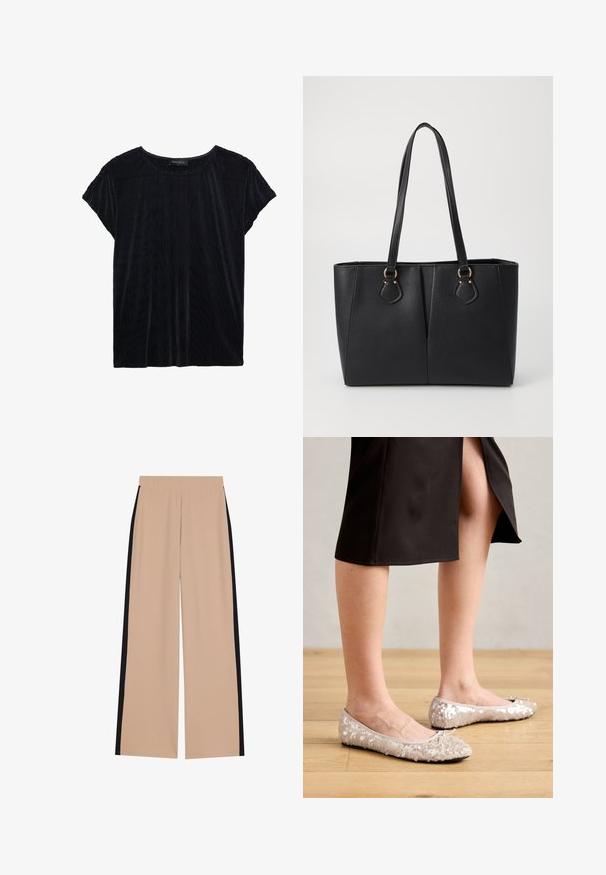 Sort kordfløjl kortærmet top med rund halsudskæring og afslappet pasform. Har lodret ribbet tekstur for ekstra detalje.; Beige bredde ben bukser med en glat overflade, der har sorte sidelister. Taljeelastikken sikrer komfort og nem påklædning.; Beige stæl ballet flats med en rund tå, der har en bueaccent, parret med en sort nederdel, vist på et trægulv.; Sort faux læder tote taske med en tekstureret finish, to lange håndtag og hardware i guld tone-accenter på siden. Rektangulær form.