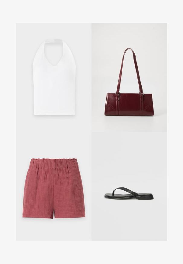 Haut blanc à encolure licou avec un décolleté en V, fabriqué à partir d'un tissu doux. Présente une silhouette ajustée sans embellissements supplémentaires.; Shorts texturés couleur rose avec taille élastiquée et coupe décontractée, conçus pour un usage quotidien.; Tongs noires en cuir lisse, avec un design de sangle fine et une semelle plate à profil minimal. Aucun motif ou accent notables.; Sac à main bordeaux en matériau brillant, de forme rectangulaire, avec deux anses et des accents légèrement courbés à l'avant.