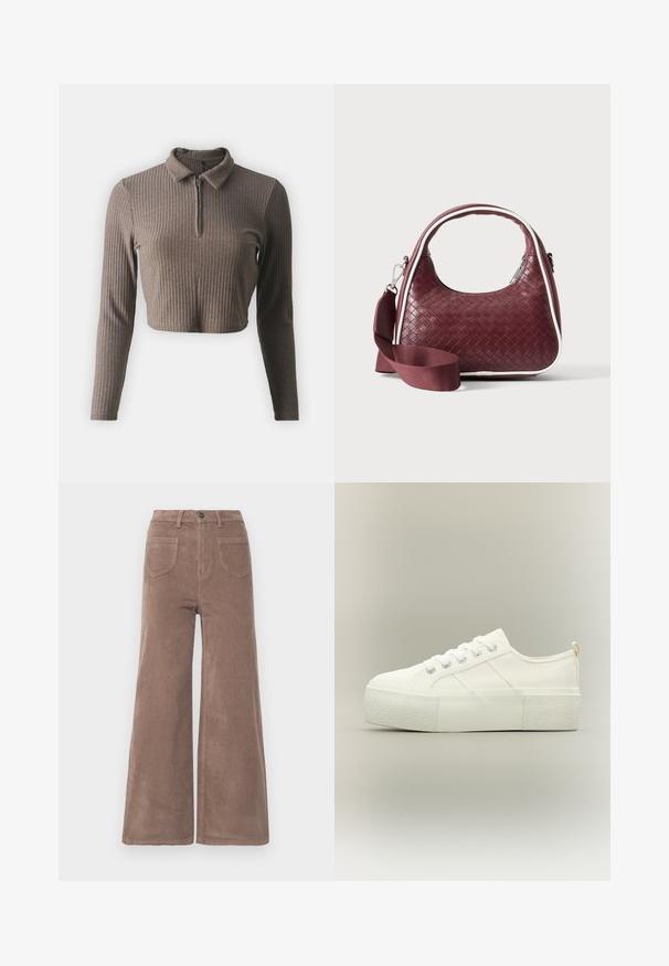 ONLY Petite ONLNELLA HALF ZIP - Μπλούζα με μακριά μανίκια - carafe; Καφέ παντελόνια καμπάνα από κοτλέ με ψηλή μέση, που διαθέτουν κλείσιμο με κουμπί, δύο πίσω τσέπες και κατακόρυφη ραφή.; Λευκό sneaker με πλατφόρμα και παχιά υφή στη σόλα, δέσιμο μπροστά και διακριτικές ραφές σε ουδέτερο φόντο.; Χειροποίητη καφέ δερμάτινη τσάντα με καμπυλωτή λαβή, λευκή επένδυση, ασημένιο φερμουάρ και αφαιρούμενο φαρδύ υφασμάτινο λουρί ώμου σε μονόχρωμο φόντο.