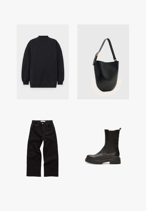 Zwarte oversized sweatshirts met geribde neklint, lange mouwen en geribde boorden en zoom, gepresenteerd tegen een neutrale achtergrond.; Zwarte hoge taille wijde jeans met knoop- en ritssluiting, voor- en achterzakken met koperen klinknagel-details.; Zwarte leren enkellaarsjes met elastische zijkanten, ronde neus en een dikke, gestructureerde rubberen zool met diepe groeven voor extra grip.; AllSaints LUNA HOBO - Shopper - black