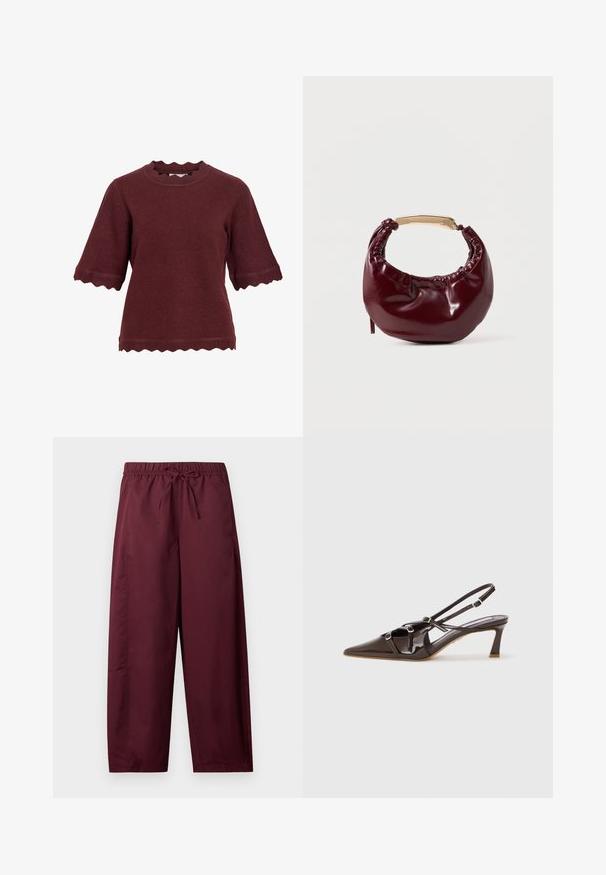 Jersey burdeos de manga corta con bordes festoneados en las mangas, el bajo y el escote, fabricado con tela de punto suave.; Pantalones sueltos color granate con cintura elástica y cordón ajustable, piernas rectas, sin bolsillos visibles ni estampados.; Tacón slingback de charol marrón con punta afilada, correas ajustables y hebillas decorativas en la parte frontal. Altura del tacón de 3 pulgadas.; Bolso de mano de piel sintética burdeos con forma redondeada, detalles fruncidos y un asa de metal dorado. Textura suave y acabado brillante.