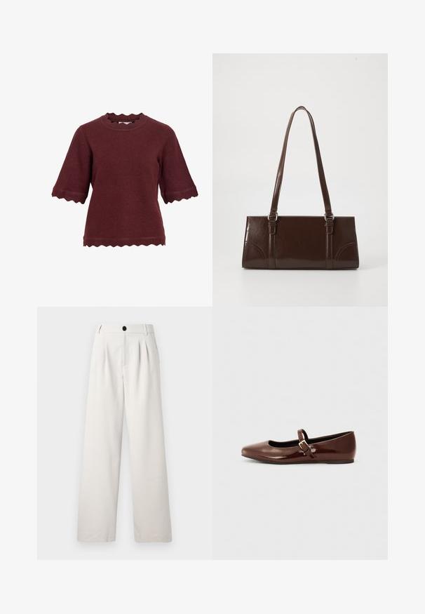 Pull bordeaux à manches courtes avec bords festonnés aux manches, à l'ourlet et à l'encolure, en tissu tricoté doux.; Pantalons beige à jambes larges en tissu lisse, avec des plis avant, une fermeture à bouton unique et des poches latérales pour plus de praticité.; Ballerine en cuir verni marron avec un bout carré et une lanière ornée d'une petite boucle dorée. Texture lisse, talon bas et design minimaliste.; Sac à main en cuir verni marron de forme rectangulaire, avec deux longues poignées et des accents courbés subtils à l'avant.