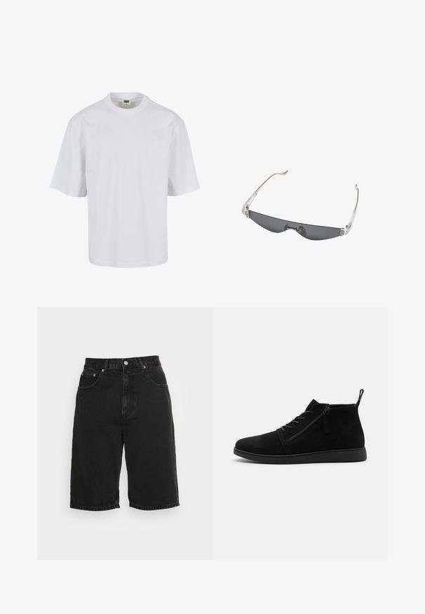 Camiseta blanca de manga corta hecha de algodón. Presenta un cuello redondo y un corte holgado con una textura suave y sin patrones ni gráficos visibles.; Pantalones cortos vaqueros negros de cintura alta con botón frontal, cremallera, trabillas para el cinturón y estilo de cinco bolsillos sobre un fondo claro y liso.; Las botas de tobillo de ante negro cuentan con una punta redondeada, cordones frontales y una cremallera lateral. La suela es plana con un acabado texturizado para un mejor agarre.; Gafas de sol finas y rectangulares con cristales oscuros, bisagras de plástico transparente y varillas delgadas de color beige curvadas en los extremos.
