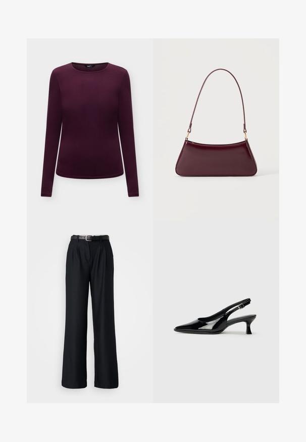 Camisa ajustada de mujer de manga larga en morado oscuro con cuello redondo sobre fondo claro uniforme.; Pantalones de pierna ancha negros, hechos de una tela suave, con pliegues frontales y un cinturón negro a juego con una hebilla plateada.; Zapatos de charol negro tipo slingback con punta afilada y tacón bajo. Correa ajustable con hebilla en el tobillo.; Bolso brillante de color burdeos oscuro con un asa fina y única y una forma elegante de trapecio sobre un fondo claro y liso.